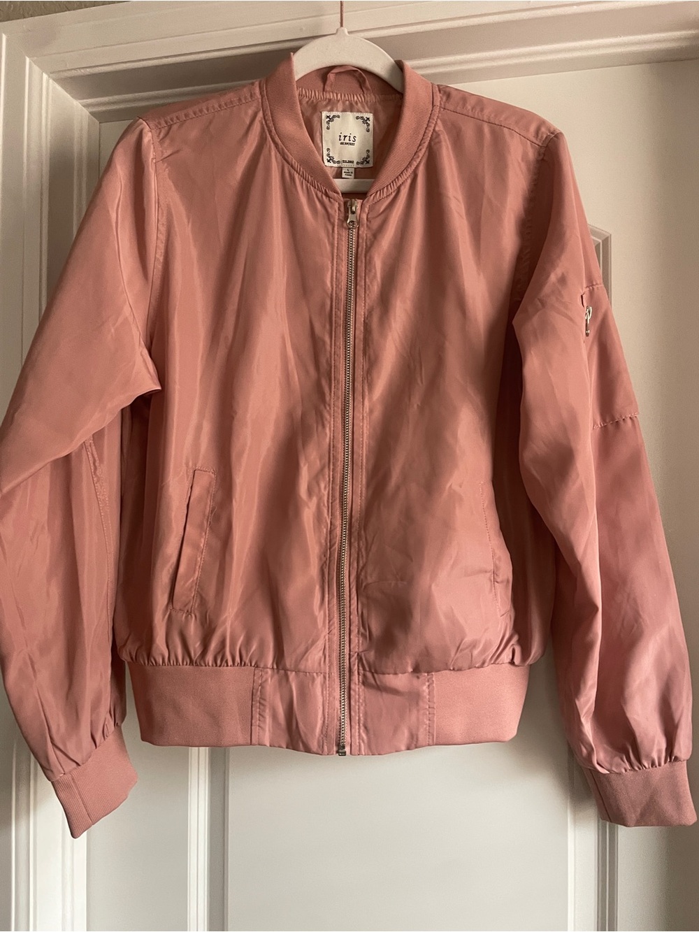 Iris Dusty Rose Bomber Jacket Zip Up Ribbed Casual Lightweight Size  Large